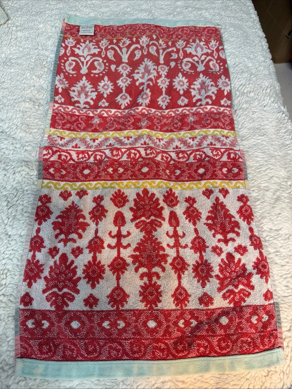 World Market Coral Teal yellow  Damask Pattern kitchen Towel